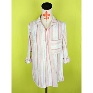 Anthropologie Sanctuary Striped Tunic Top Cotton Linen Blend Roll Tab Sleeve